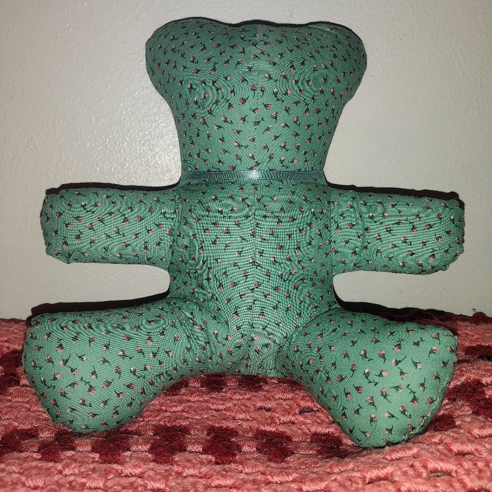 Green Floral Patterned Plush Accent Pillow - Handmade Teddy Bear Stuffed Animal